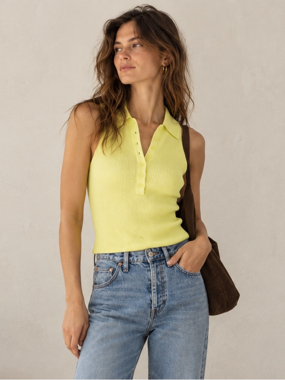 Anthropologie 525 America Knit Polo Tank S Chartreuse Yellow Ribbed Preppy